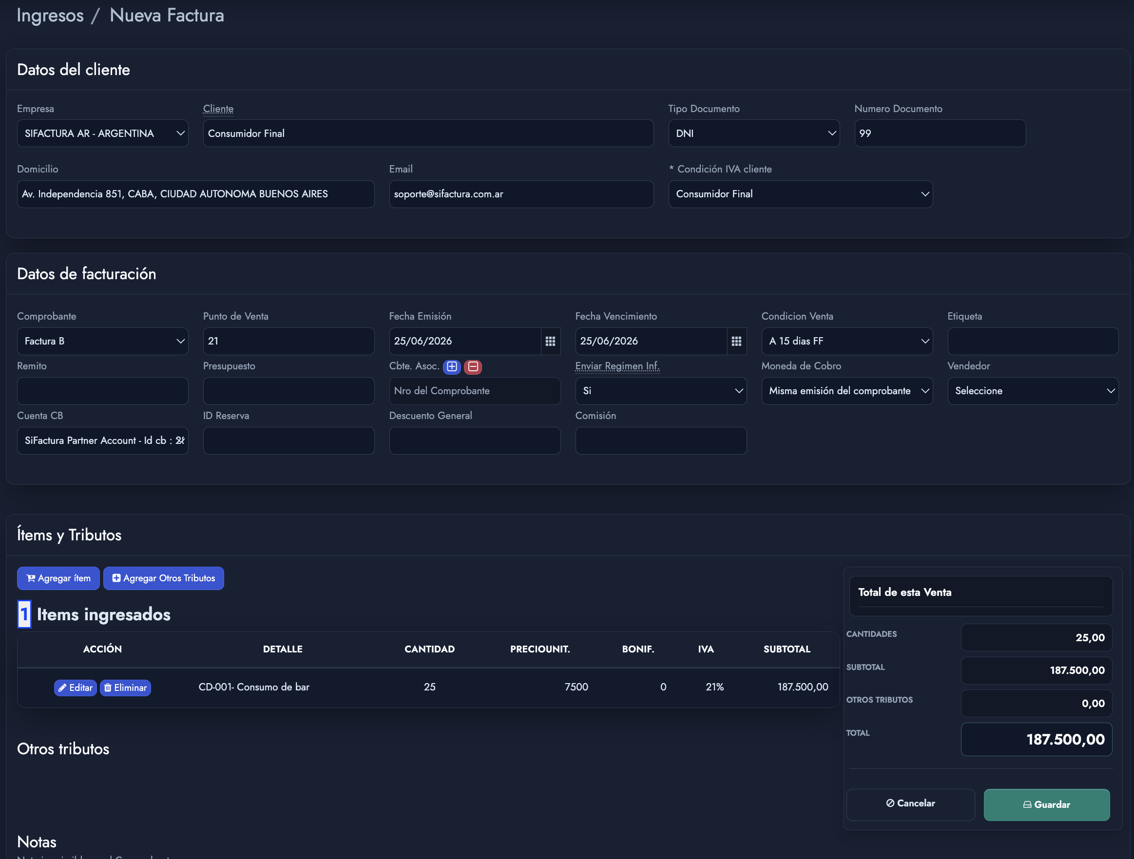 Carga de factura de venta en SiFactura