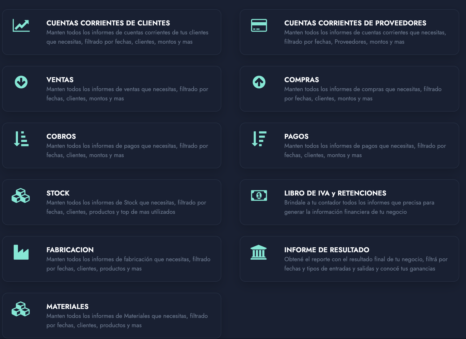 Panel de reportes disponibles en SiFactura